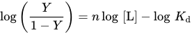 log left-parenthesis StartFraction upper Y Over 1 minus upper Y EndFraction right-parenthesis equals n log left-bracket upper L right-bracket minus log upper K Subscript d Baseline