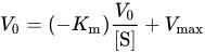 upper V 0 equals left-parenthesis minus upper K Subscript m Baseline right-parenthesis StartFraction upper V 0 Over left-bracket upper S right-bracket EndFraction plus upper V Subscript max