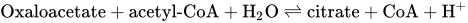 Oxaloacetate plus acetyl hyphen CoA plus upper H Subscript 2 Baseline upper O right harpoon over left harpoon citrate plus CoA plus upper H Superscript plus