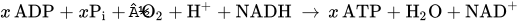 x ADP plus x upper P Subscript i Baseline plus one half upper O Subscript 2 Baseline plus upper H Superscript plus Baseline plus NADH right-arrow x ATP plus upper H Subscript 2 Baseline upper O plus NAD Superscript plus