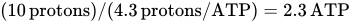 left-parenthesis 10 protons right-parenthesis slash left-parenthesis 4.3 protons slash ATP right-parenthesis equals 2.3 ATP